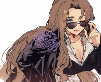 09wave_hb 1girl black_jacket blue_eyes breasts brown_hair cleavage closed_mouth collarbone commentary eyelashes jacket large_breasts leaning_forward limbus_company long_hair looking_at_viewer one_eye_closed project_moon rodion_(project_moon) shirt simple_background smile solo sunglasses symbol-only_commentary watermark white_background white_shirt