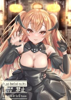 1girl black_dress black_gloves breasts brown_eyes brown_hair cleavage clothing_cutout cross-laced_clothes cross-laced_cutout dress fake_wings gloves halloween_costume johnston_(halloween)_(kancolle) johnston_(kancolle) kantai_collection latex latex_dress long_hair medium_breasts nazono_neko official_alternate_costume single_glove solo two_side_up vampire_costume wings