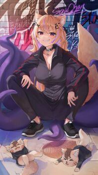 Rule 34 | 1girl, absurdres, ahoge, animal ear fluff, animal ears, black choker, black track suit, blonde hair, breasts, cat ears, cat girl, cat tail, choker, colored inner hair, commentary, english commentary, facial mark, graffiti, hair ornament, highres, indie virtual youtuber, jacket, kamo ashi, long hair, looking at viewer, medium breasts, multicolored hair, pants, pokatto (squchan), purple hair, red eyes, second-party source, shyrei faolan, smile, squatting, streaked hair, tail, tentacles, track jacket, track pants, track suit, two-tone hair, virtual youtuber, whisker markings