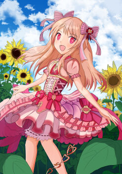 Rule 34 | 1girl, absurdres, artistic error, blonde hair, chaos marie (grimms notes), field, flower, flower field, grimms notes, heart, heart-shaped pupils, highres, long hair, open mouth, pink eyes, puffy short sleeves, puffy sleeves, ryo4423, short sleeves, smile, solo, sunflower, sunflower field, symbol-shaped pupils