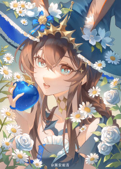 Rule 34 | 1girl, absurdres, amiya (arknights), animal ear fluff, animal ears, arknights, black dress, black hat, blue apple, blue eyes, brown hair, chinese commentary, commentary request, dress, food, fruit, hat, highres, holding, holding food, holding fruit, looking at viewer, lou an neng ji, open mouth, rabbit ears, rabbit girl, solo, upper body, witch hat