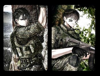 2boys assault_rifle belt black_eyes black_gloves black_hair camouflage camouflage_shirt camouflage_vest climbing_tree commentary curtained_hair explosive facial_mark forest glint gloves grenade gun hair_between_eyes highres holding holding_gun holding_weapon kim_dokja knee_pads looking_to_the_side male_focus matching_outfits mountainous_horizon multiple_boys muscular muscular_male nature omniscient_reader&#039;s_viewpoint outdoors rain rifle serious shirt short_hair symbol-only_commentary toupou39 tree weapon wind yoo_joonghyuk