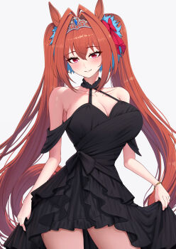 1girl absurdres animal_ears antenna_hair bare_shoulders black_dress blush breasts brown_hair cleavage closed_mouth collarbone daiwa_scarlet_(umamusume) dress hair_between_eyes hair_intakes highres horse_ears horse_girl horse_tail large_breasts long_hair looking_at_viewer parted_lips red_eyes simple_background smile solo tail take978733141 thighs tiara twintails umamusume very_long_hair white_background