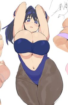 1girl arato_nagi armpits arms_behind_head black_hair black_pantyhose blue_eyes breasts cleavage curvy denpatou highres huge_breasts large_breasts long_hair navel pantyhose ponytail ruri_no_houseki simple_background thick_thighs thighs white_background wide_hips