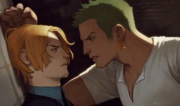 Rule 34 | 2boys, arm up, black jacket, blonde hair, blue shirt, clenched hand, closed mouth, commentary, curly eyebrows, earrings, english commentary, eye contact, facial hair, from side, goatee, green hair, hair behind ear, highres, jacket, jewelry, kr (k r xx), looking at another, male focus, medium sideburns, multiple boys, multiple earrings, one piece, parted lips, piercing, pinstripe pattern, pinstripe shirt, profile, roronoa zoro, sanji (one piece), shirt, short hair, short sleeves, sideburns, upper body, white shirt