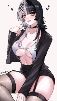 1girl absurdres adammaarr alternate_costume bikini black_choker black_hair black_jacket black_skirt breasts choker grey_hair grey_thighhighs heart highres hololive hololive_english jacket large_breasts long_hair multicolored_hair parted_lips shiori_novella simple_background skirt solo split-color_hair suit_jacket swimsuit thighhighs two-tone_hair virtual_youtuber white_background white_bikini yellow_eyes