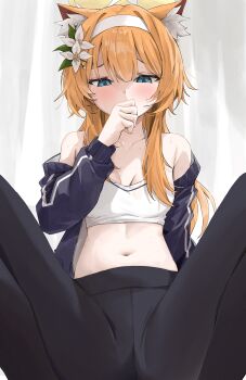 1girl absurdres animal_ear_fluff animal_ears bare_shoulders black_jacket black_pants blue_archive blue_eyes blue_jacket blush breasts cleavage collarbone commentary_request covering_own_mouth crop_top flower hair_flower hair_ornament hairband halo highres jacket jeon_(user_ywaw3774) leggings long_hair long_sleeves looking_down mari_(blue_archive) mari_(track)_(blue_archive) medium_breasts midriff navel off_shoulder official_alternate_costume open_clothes open_jacket orange_hair pants small_breasts solo sports_bra spread_legs stomach sweat track_jacket white_hairband white_sports_bra yellow_halo yoga_pants