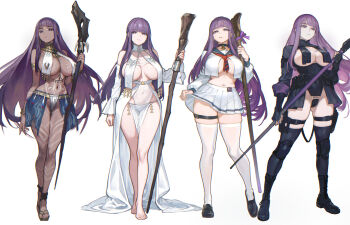 1girl absurdres alternate_costume barefoot black_boots black_gloves black_thighhighs blue_sailor_collar blunt_bangs boots breast_curtains breasts commentary_request covered_navel dark-skinned_female dark_skin detached_sleeves female_pubic_hair fern_(sousou_no_frieren) fingerless_gloves gloves highres holding holding_staff kryp132 large_breasts long_hair looking_at_viewer mage_staff midriff miniskirt mixed-language_commentary multiple_views navel pelvic_curtain pleated_skirt pubic_hair purple_eyes purple_hair sailor_collar sandals school_uniform serafuku simple_background skirt sousou_no_frieren staff stomach thighhighs white_background white_serafuku white_skirt white_thighhighs