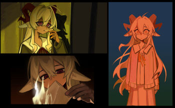 1girl absurdres animal_ears blue_background burning burning_paper cigarette collarbone cowboy_shot eyeliner gradient_background hair_between_eyes hair_intakes hannah_(populamalus) highres horns inset_border jacket long_hair long_sleeves makeup multiple_views original populamalus red_background red_eyes red_horns ribbon skirt upper_body very_long_hair white_hair yellow_background