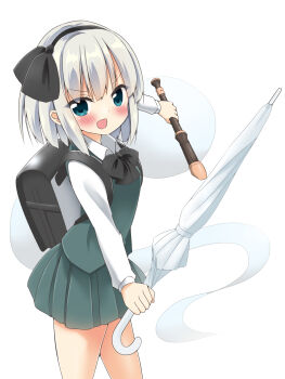 1girl backpack bag black_bag black_bow black_bowtie black_hairband blush bow bowtie closed_umbrella collared_shirt commentary_request cowboy_shot dual_wielding flute green_eyes green_skirt green_vest grey_hair hairband highres hitodama holding holding_flute holding_instrument holding_umbrella instrument konpaku_youmu konpaku_youmu_(ghost) long_sleeves looking_at_viewer open_mouth pleated_skirt randoseru recorder shirt shishiky skirt skirt_set smile solo touhou umbrella vest white_shirt