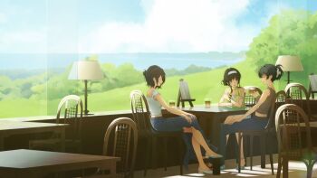 3girls alternate_costume alternate_hairstyle amagami bare_shoulders black_eyes black_hair blue_eyes blue_shoes cafe closed_eyes cloud commentary_request cup curly_hair day denim denim_skirt drill_hair drink fashion from_inside full_body grey_shirt hair_bun hair_ornament hair_scrunchie hairband highres holding holding_cup indoors jeans long_skirt looking_at_another miniskirt morishima_haruka multiple_girls ocean open_mouth pants profile scrunchie shirt shoes short_hair short_hair_with_long_locks sitting skirt sky sleeveless sleeveless_shirt smile table takahashi_maya tree tsukahara_hibiki usurai_rairai water white_hairband white_scrunchie white_shirt white_shoes window yellow_shirt