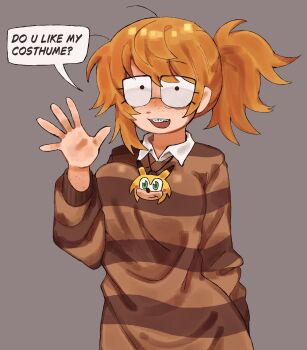 1girl braces breasts cosplay english_text eyebrows_hidden_by_hair freckles glasses grey_background highres jimiko kibyland liquid_chris liquid_chris_(cosplay) looking_at_viewer medallion medium_breasts messy_hair orange_hair original ponytail simple_background solo sonichu_medallion speech_bubble stephanie_finch_(kibyland) striped_clothes striped_sweater sweater two-tone_sweater waving