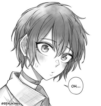 1girl absurdres artist_name blush choker commentary double-parted_bangs greyscale hair_between_eyes highres looking_at_viewer monochrome original parted_lips portrait senukin short_hair simple_background solo speech_bubble sweatdrop twitter_username white_background