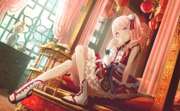 1other akiyama_mizuki colorful_palette covering_own_mouth curtains dress food frilled_dress frills full_body game_cg hair_ornament hakunetsu!_kamikou_ouendan!_(project_sekai) highres holding holding_food lantern medium_hair official_alternate_costume official_art pink_eyes pink_hair project_sekai red_dress side_ponytail solo steamed_bun tassel third-party_source toes vase