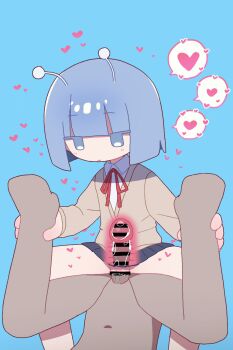 1boy 1girl alien andromedako animated animated_gif antennae bar_censor black_skirt blue_background blue_eyes blue_hair bob_cut censored closed_mouth collared_shirt cowgirl_position cum ejaculation expressionless grabbing_another's_leg heart hetero highres jacket jitome loli miniskirt navel nayutalien nayutan_sei_kara_no_buttai orange_jacket penis pleated_skirt pov red_ribbon ribbon sample_watermark sex shirt short_hair skirt speech_bubble spoken_heart spread_legs straddling toumei_tou veins veiny_penis watermark x-ray