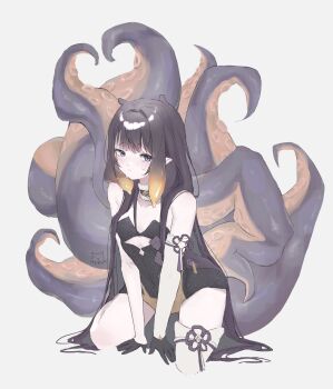 1girl absurdres artist_request bare_shoulders belethmeku black_gloves blunt_bangs blush collar gloves highres hololive hololive_english kneeling long_hair ninomae_ina&#039;nis purple_eyes purple_hair tentacles virtual_youtuber white_background