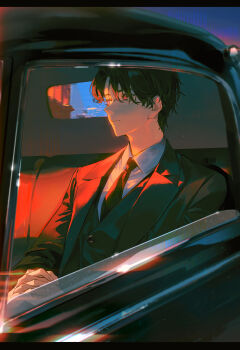 1boy black_hair black_jacket black_necktie car car_interior collared_shirt formal_clothes hair_between_eyes highres jacket letterboxed long_sleeves looking_to_the_side male_focus motor_vehicle necktie open_clothes original own_hands_together red_eyes shirt sitting solo suit upper_body vest white_shirt xiaojiaju