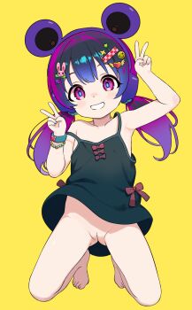 1girl akai_kuro animal_ear_headphones animal_ears animal_hair_ornament armpits barefoot black_camisole black_dress black_hair blue_nails blush bow bracelet camisole collarbone decensored double_v dress fake_animal_ears flat_chest grin hair_ornament hairclip headphones heart heart_hair_ornament highres jewelry kneeling loli long_hair looking_at_viewer low_twintails mouse_ears multicolored_hair no_panties original purple_eyes purple_hair pussy rabbit_hair_ornament red_bow scrunchie smile smiley_hair_ornament star_(symbol) star_hair_ornament strap_slip teeth third-party_edit twintails two-tone_hair uncensored v wind wind_lift winged_heart yellow_background
