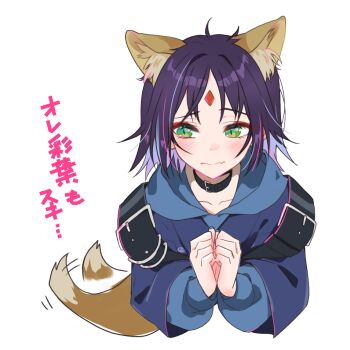 Rule 34 | 1girl, ahoge, animal ears, black choker, black hair, blue hoodie, blue kimono, cho kaguya-hime!, choker, closed mouth, colored inner hair, commentary request, forehead jewel, fox ears, fox girl, fox tail, green eyes, hood, hood down, hoodie, japanese clothes, kimono, multicolored hair, myama, sakayori iroha, short hair, simple background, solo, tail, tail wagging, translation request, white background