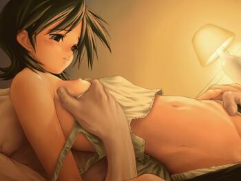 1boy 1girl black_eyes black_hair breasts brown_eyes brown_hair camisole censored dutch_angle flat_chest game_cg grabbing_another's_breast groping hetero highres indoors kawata_hisashi lamp leaf_(studio) loli midriff miidera_tsukuyo navel nipples no_bra sad short_hair solo_focus strap_slip tasogare undressing