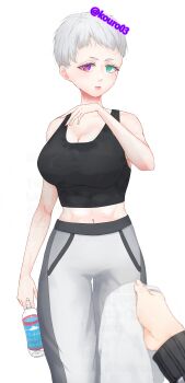 1girl 1other absurdres aqua_eyes black_sports_bra bottle breasts cleavage commentary_request cowboy_shot eyelashes fingernails grey_hair heterochromia highres holding holding_bottle holding_towel kouro03 lips midriff mole mole_under_eye navel original pants pov purple_eyes short_hair simple_background solo_focus sports_bra sportswear towel twitter_username very_short_hair water_bottle white_background white_pants