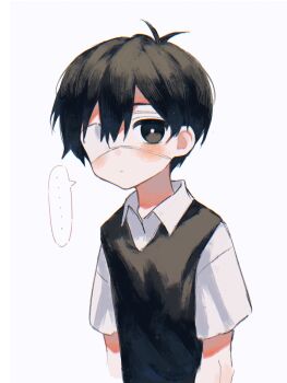 ... 1boy antenna_hair arms_at_sides black_eyes black_hair black_sweater_vest blush bright_pupils chromatic_aberration closed_mouth collared_shirt double-parted_bangs expressionless eyepatch hair_between_eyes highres looking_at_viewer makucrp male_focus omori shirt short_hair short_sleeves simple_background solo spoilers spoken_ellipsis sunny_(omori) sweater_vest upper_body white_background white_pupils white_shirt