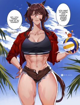 1girl abs absurdres animal_ears ball black_sports_bra blue_sky braid braided_hair_rings breasts brown_hair brown_shorts cloud collarbone commentary crab ear_covers ear_ornament english_text gentildonna_(umamusume) hair_between_eyes hair_ornament hair_rings heart-shaped_ornament heart_ear_ornament highres holding horse_ears horse_girl horse_tail jacket large_breasts long_hair looking_at_viewer midriff n10_arts navel open_clothes open_jacket outdoors palm_tree parted_lips red_eyes red_jacket shorts sky solo speech_bubble sports_bra tail torn_clothes torn_shorts tree umamusume volleyball_(object)