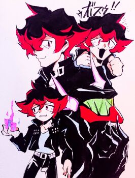 1boy :3 black_jacket clenched_hands commentary_request fire gueira highres jacket looking_at_viewer luckyland1985 male_focus multiple_views open_mouth pink_fire promare red_eyes red_hair short_hair traditional_media translation_request white_background