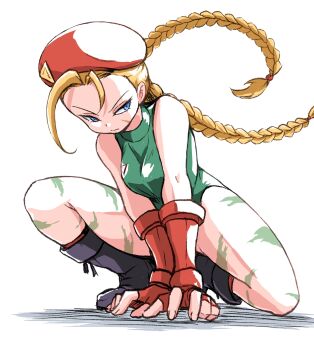 Rule 34 | 1girl, beret, blonde hair, blue eyes, bodypaint, boots, braid, breasts, cammy white, curvy, fingerless gloves, full body, gloves, green leotard, hands on ground, hat, highleg, highleg leotard, highres, ikaringo (ikaringo4444), leotard, long hair, on one knee, red hat, scar, scar on face, solo, street fighter, thighs, twin braids, white background, wide hips