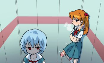 1futa 1girl ayanami_rei bar_censor blouse blue_hair blush bulge censored closed_mouth crossed_arms cum cumdrip derivative_work elevator erection erection_under_clothes futanari hair_ornament highres huge_penis long_hair looking_to_the_side neon_genesis_evangelion nose_blush orange_hair penis precum rariatto_(ganguri) red_eyes red_neckwear school_uniform shirt short_hair skirt souryuu_asuka_langley standing steaming_body sweatdrop tokyo-3_middle_school_uniform white_shirt