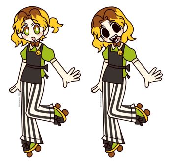 Rule 34 | 1boy, alternate costume, androgynous, apron, black apron, black eyes, blonde hair, blush, bow, bowtie, bright pupils, brown bow, brown bowtie, channel (caststation) (style), commentary, english commentary, full body, green eyes, green shirt, highres, looking at viewer, male focus, medium hair, mesmerizer (vocaloid), multicolored hair, multiple views, open mouth, parody, plushiecore, po-uta, roller skates, sharp teeth, shirt, short hair, skates, standing, standing on one leg, style parody, teeth, thick lineart, tongue, tongue out, two-tone hair, vocaloid, wavy hair, white background, white pupils