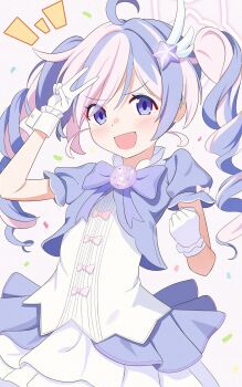 1girl :d ahoge blue_archive blue_eyes blue_hair blush bow clenched_hand commentary_request dress gloves hair_ornament halo highres itaba_atsushi looking_at_viewer magical_girl medium_hair multicolored_hair official_alternate_costume open_mouth pink_hair pink_halo puffy_short_sleeves puffy_sleeves reisa_(blue_archive) reisa_(magical)_(blue_archive) short_sleeves simple_background skirt smile solo star_(symbol) star_hair_ornament streaked_hair twintails two-tone_hair two_side_up v v-shaped_eyebrows white_background white_gloves wing_hair_ornament