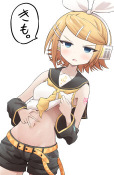 1girl bare_shoulders belt black_shorts black_sleeves blonde_hair blue_eyes blush bow breasts clothes_lift commentary_request cowboy_shot crop_top d: detached_sleeves disdain dutch_angle groin hair_bow hair_ornament hairclip hand_on_own_stomach hands_on_own_stomach headphones highres jitome kagamine_rin kotoma_(kotoma_hack) microphone midriff navel navel_fetish navel_focus navel_spread navel_stimulation neckerchief number_tattoo open_mouth parallel_hairclips shirt_lift short_hair short_shorts shorts simple_background small_breasts solo spread_navel stomach sweat swept_bangs tattoo translated treble_clef tsurime v-shaped_eyebrows vocaloid white_background white_bow yellow_belt yellow_nails yellow_neckerchief