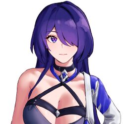 Rule 34 | 1girl, acheron (honkai: star rail), black choker, breasts, choker, cleavage, commentary request, criss-cross halter, halterneck, highres, honkai: star rail, honkai (series), korean commentary, large breasts, long hair, looking at viewer, purple eyes, purple hair, pyeong-il pyeongil, simple background, single bare shoulder, solo, upper body, white background
