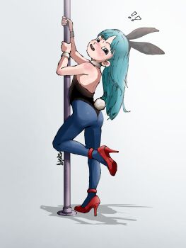 animal_costume aqua_eyes ass blue_eyes blush bulma dragon_ball dragon_ball_fighterz fake_tail full_body high_heels highres legs loli long_hair playboy_bunny rabbit_costume rabbit_tail sheisbrigitte tail