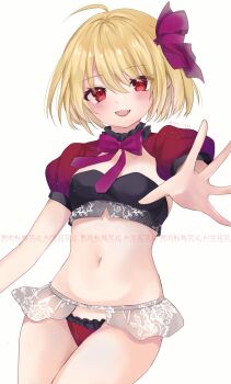 1girl alt_text alternate_costume bandeau bikini black_bandeau black_bikini blonde_hair bow bowtie breasts cismlyri commentary_request fangs highres looking_at_viewer mismatched_bikini navel open_mouth partial_commentary pink_bow pink_bowtie reaching reaching_towards_viewer red_bikini red_shrug rumia short_hair shrug_(clothing) simple_background small_breasts smile solo stomach swimsuit touhou twitter_username watermark white_background