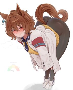 1girl absurdres agnes_tachyon_(tach-nology)_(umamusume) agnes_tachyon_(umamusume) ahoge animal_ears ass bent_over black_pantyhose blush brikot brown_hair coat commentary cortisol_level_(meme) earrings english_commentary full_body hair_between_eyes half-closed_eyes highres horse_ears horse_girl horse_tail jewelry lab_coat meme necktie nose_blush pantyhose red_eyes shoes short_necktie single_earring skin_tight sleeves_past_wrists smile solo sweater sweater_vest tail umamusume white_coat white_shoes wolf_cut yellow_sweater yellow_sweater_vest