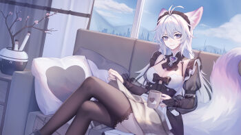1girl absurdres ahoge animal_ears bell black_bow black_thighhighs bow breasts chinese_commentary cleavage closed_mouth couch crossed_legs cup curtains cushion feet_out_of_frame fox_ears fox_tail hair_between_eyes highres holding holding_cup large_breasts legs long_hair long_sleeves looking_at_viewer luo_shun_yao maid maid_headdress md5_mismatch meng_xi_xuan neck_bell original purple_eyes resolution_mismatch revision see-through_clothes see-through_sleeves shoes sitting smile solo source_smaller tail thighhighs white_hair window