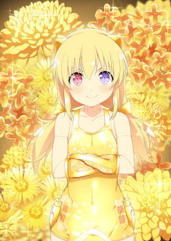 &gt;:) 1girl android armband armpit_crease blonde_hair blue_eyes blush bow chrysanthemum collarbone covered_navel crossed_arms dahlia daisy_(flower) doll_joints flat_chest floral_background floral_print_one-piece_swimsuit flower gold_bow gold_flower gold_one-piece_swimsuit gold_osmanthus hair_bow heterochromia highres horns joints lens_flare light_particles long_hair looking_at_viewer low_twintails muramasa_(senran_kagura) official_art one-piece_swimsuit orange_flower osmanthus red_eyes robot_girl robot_joints senran_kagura senran_kagura_new_wave smile solo sparkle swimsuit symbol-shaped_pupils twintails v-shaped_eyebrows yaegashi_nan yellow_flower yellow_theme