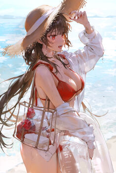 1girl absurdres arm_up bare_shoulders beach bikini blue_sky breasts brown_hair cleavage commentary cowboy_shot fangs fingernails from_side furrowed_brow hair_between_eyes hat highres hot innertube jacket large_breasts long_hair looking_ahead nail_polish ocean off_shoulder open_mouth original outdoors red_bikini red_eyes red_nails sand sidelocks sky solo standing strap_gap straw_hat string_bikini sunlight swim_ring swimsuit thighs tongue tongue_out water wet white_jacket ye_jji