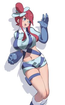 Rule 34 | 1girl, blue eyes, blue gloves, blue jacket, blue shorts, breasts, cropped jacket, female focus, gloves, hair ornament, huanxiang huifeng, jacket, large breasts, midriff, navel, nintendo, open mouth, pokemon, pokemon bw, pouch, red hair, short hair with long locks, short shorts, shorts, sidelocks, skyla (pokemon), smile, solo, source request, thigh pouch, tongue