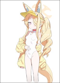 1girl absurdres animal_ear_fluff animal_ears bare_shoulders blue_archive breasts closed_mouth commentary_request covered_navel extra_ears fox_ears fox_girl fox_tail hair_over_one_eye halo highleg highleg_one-piece_swimsuit highres jacket loli long_hair looking_at_viewer makura_u9b off_shoulder official_alternate_costume one-piece_swimsuit one_eye_covered seia_(blue_archive) seia_(swimsuit)_(blue_archive) side_ponytail sidelocks simple_background sleeves_past_fingers sleeves_past_wrists small_breasts solo spread_navel standing swimsuit tail thighs very_long_hair visor_cap white_background white_one-piece_swimsuit yellow_halo yellow_jacket yellow_visor