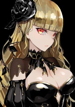 1girl ascot black_background black_dress blonde_hair blunt_bangs breasts cleavage commentary_request corset detached_sleeves dress flower gold_trim hair_flower hair_ornament highres lam_(ramdayo) large_breasts long_hair looking_at_viewer nijisanji simple_background solo takamiya_rion takamiya_rion_(4th_costume) virtual_youtuber wavy_hair yellow_eyes