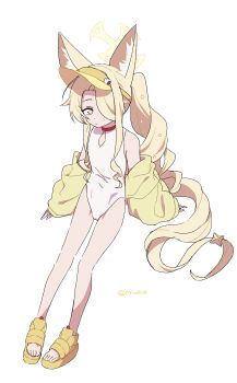 1girl absurdres animal_ear_fluff animal_ears arms_at_sides blonde_hair blue_archive bright_pupils clothing_cutout commentary cross_halo diamond_cutout extra_ears fox_ears fox_girl fox_tail full_body hair_over_one_eye halo highleg highleg_one-piece_swimsuit highres invisible_chair long_hair looking_at_viewer minowa_sukyaru official_alternate_costume official_alternate_hairstyle one-piece_swimsuit one_eye_covered pink_eyes sandals seia_(blue_archive) seia_(swimsuit)_(blue_archive) side_ponytail sidelocks simple_background sitting solo star_ornament swimsuit symbol-only_commentary tail tail_ornament twitter_username very_long_hair visor_cap wavy_ends white_background white_one-piece_swimsuit white_pupils yellow_halo