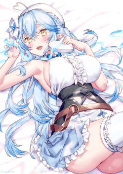 1girl ahoge aqua_nails aqua_ribbon armpits bare_shoulders blue_hair blush box braid breasts cleavage cleavage_cutout clothing_cutout colored_tips commentary_request corset elf finger_ribbon fingernails flower frilled_skirt frills hair_between_eyes hair_flower hair_ornament hat heart heart-shaped_box heart_ahoge highres holding holding_box hololive kamiya_maneki large_breasts long_hair long_sleeves looking_at_viewer lying multicolored_hair nail_polish on_back open_mouth pointy_ears ribbon side_braid sideboob skirt smile snowflake_print solo thighhighs very_long_hair virtual_youtuber white_flower white_hat white_thighhighs yellow_eyes yukihana_lamy yukihana_lamy_(1st_costume)