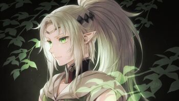 Rule 34 | 1boy, branch, detached collar, elf, from side, green eyes, hair intakes, headdress, hood, iriko (aoito), leaves, long hair, looking away, male focus, meneldor, parted bangs, pointy ears, ponytail, saihate no paladin, sidelocks, signature, solo, tsurime, v-shaped eyebrows, white hair