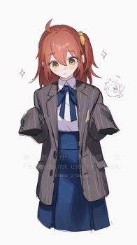 1boy 1girl absurdres ahoge blue_ribbon blue_skirt blush borrowed_clothes chibi chibi_inset collared_shirt commentary_request fate/grand_order fate_(series) fomnant fujimaru_ritsuka_(female) fujimaru_ritsuka_(female)_(anniversary_blonde) grey_jacket high-waist_skirt highres jacket long_hair long_sleeves looking_down orange_hair oversized_clothes ribbon shirt side_ponytail simple_background skirt sleeves_past_fingers sleeves_past_wrists solo_focus striped_clothes striped_jacket takeda_shingen_(fate) vertical-striped_clothes vertical-striped_jacket white_background white_shirt yellow_eyes