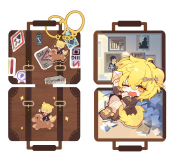 1girl absurdres animal_ears blonde_hair blush brown_jacket commentary_request dog_ears dog_tail don_quixote_(project_moon) drooling highres homura792 jacket limbus_company looking_at_viewer one_eye_closed open_mouth pants project_moon shirt short_hair simple_background solo suitcase tail white_background white_pants white_shirt