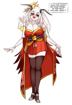 1girl :d antennae arthropod_girl azur_lane bare_shoulders black_sclera black_thighhighs blush borrowed_character breasts colored_sclera colored_skin commentary cosplay english_commentary english_text extra_arms full_body hair_ornament insect_girl insect_wings japanese_clothes large_breasts long_hair looking_at_viewer mashiro_(solopipb) monster_girl moth_girl moth_wings open_mouth original rtil shirt simple_background smile solo speech_bubble standing taihou_(azur_lane) taihou_(azur_lane)_(cosplay) thighhighs white_background white_hair white_shirt white_skin wings yellow_eyes zettai_ryouiki