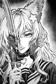 1girl absurdres animal_ear_fluff animal_ears annytf black_choker black_sailor_collar black_serafuku choker commentary copyright_request different_reflection english_commentary fox_ears fox_girl greyscale hair_ornament heart highres holding holding_sword holding_weapon indie_virtual_youtuber jaguar katana long_hair monochrome parted_lips reflection sailor_collar school_uniform serafuku solo star_(symbol) star_hair_ornament sword upper_body virtual_youtuber weapon yngxx1895996
